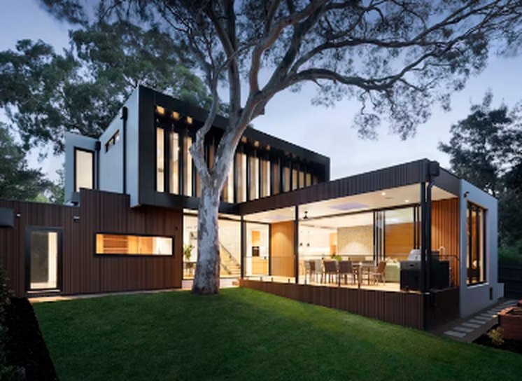 Modern home at dusk